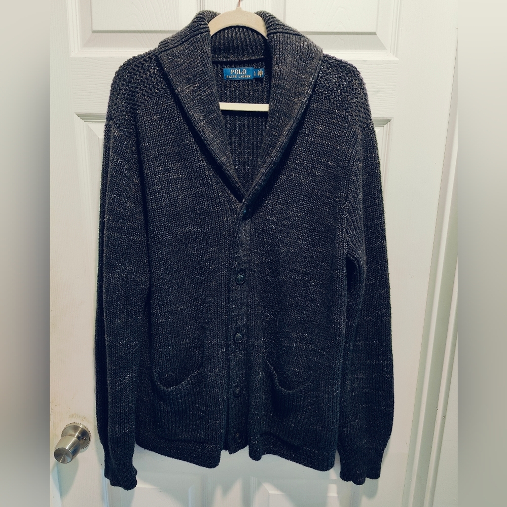 NWOT Lg Polo Ralph Lauren Heathered Black/Dark Gray Cable Knit Cardigan Sweater